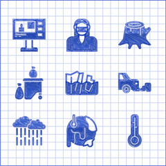 Sticker - Set Glacier melting, Global warming, Meteorology thermometer, Car exhaust, Cloud with rain, Full dustbin, Tree stump and Television report icon. Vector