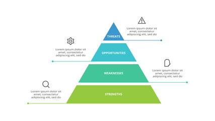 SWOT diagram with 4 steps, options, parts or processes. Threats, weaknesses, strengths, opportunities of the company.