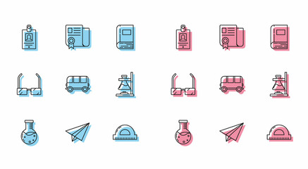 Poster - Set line Test tube and flask chemical laboratory, Identification badge, Protractor grid for measuring degrees, School Bus, Glass test fire, Glasses and Certificate template icon. Vector