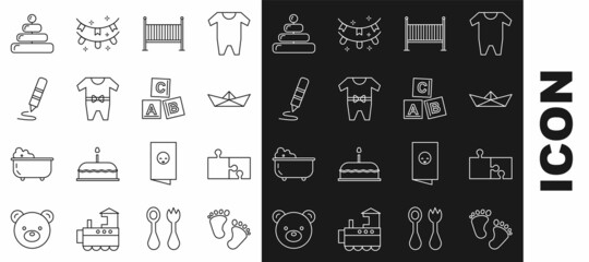 Sticker - Set line Baby footprints, Piece of puzzle, Folded paper boat, crib cradle bed, clothes, Wax crayon for drawing, Pyramid toy and ABC blocks icon. Vector