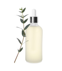 Bottle of hydrophilic oil and green branch on white background