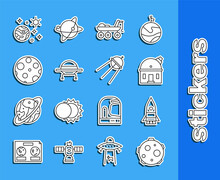Set Line UFO Abducts Cow, Rocket Ship, Astronomical Observatory, Mars Rover, Flying Spaceship, Moon, Space And Planet And Satellite Icon. Vector