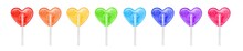 Watercolour Illustration Set Of Cute Heart Shaped Lollipops In Rainbow Color: Red, Orange, Yellow, Green, Light Blue, Violet And Pink. Hand Painted Graphic Drawing, Cutout Clipart Elements For Design.