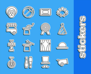 Sticker - Set line Cannon, Clown hat, Party, Circus ticket, Magician, Fast street food cart, Wild lion and Target icon. Vector