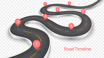 Winding 3D road concept on a transparent background. Timeline template.