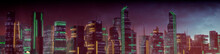 Futuristic Metropolis With Orange And Green Neon Lights. Night Scene With Futuristic Superstructures.