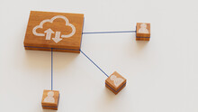 Data Storage Technology Concept With Cloud Symbol On A Wooden Block. User Network Connections Are Represented With Blue String. White Background. 3D Render.