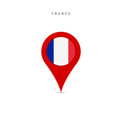 Teardrop map marker with flag of France. French flag inserted in the location map pin. Flat vector illustration isolated on white background.