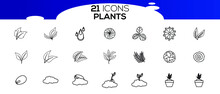 Simple Set Of Plants Related Vector Line Icons. Contains Such Icons As Leaf On Hand, Growing Conditions, Leafs And More. Leaf, Growing Plant And Humidity Thermometer.  Bottle With Mint Water, Nature.