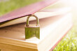 A closed metal lock and a book on the grass