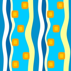 Wall Mural - Abstract seamless background with multicoloured vertical wavy stripes and yellow spots. Wallpaper, textile or paper print. Vector design.