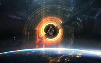 Poster - giant black hole threatens planet earth. brave astronaut. 5k realistic science fiction art. elements