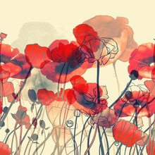 Minimalistic Silhouettes Meadow Poppies Seamless Border. Digital With Watercolour. Mixed Media Artwork. Endless Motif For Packaging, Scrapbooking, Decoupage, Textiles.