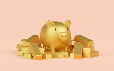 Golden piggy bank with stack of gold bar, Saving gold concept, 3d illustration