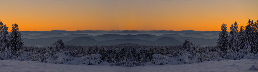 Stunning panorama of snowy landscape in winter in Black Forest - Snow view winter wonderland snowscape sunrise in the morning background banner, with mystical fog in the mountains