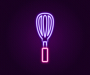 Poster - Glowing neon line Kitchen whisk icon isolated on black background. Cooking utensil, egg beater. Cutlery sign. Food mix symbol. Colorful outline concept. Vector