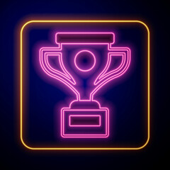 Glowing neon Award cup icon isolated on black background. Winner trophy symbol. Championship or competition trophy. Sports achievement sign. Vector