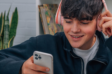 Sticker - boy with mobile phone and headphones, teenagers