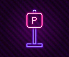 Sticker - Glowing neon line Parking icon isolated on black background. Street road sign. Colorful outline concept. Vector