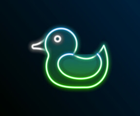 Sticker - Glowing neon line Rubber duck icon isolated on black background. Colorful outline concept. Vector