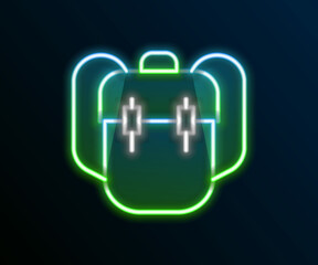 Poster - Glowing neon line School backpack icon isolated on black background. Colorful outline concept. Vector