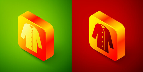 Wall Mural - Isometric Raincoat icon isolated on green and red background. Square button. Vector