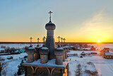 Fototapeta  - wooden church winter top view, landscape russian north architecture