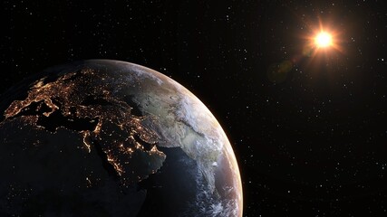 Wall Mural - Planet earth with realistic geography surface and orbital 3D cloud atmosphere . Outer space view of world globe sphere of continents . 3D rendering graphic . Elements of this image furnished by NASA .