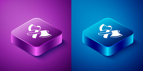 Sticker - Isometric Wooden axe icon isolated on blue and purple background. Lumberjack axe. Square button. Vector