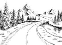 Mountain Bridge River Graphic Black White Landscape Sketch Illustration Vector 