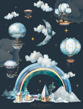Watercolor Houses With Church, Balloons, Rainbow, Clouds, Forest, Moon And Mountains In Pastel Colors