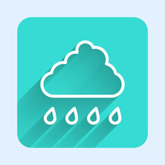 Wall Mural - White line Cloud with rain icon isolated with long shadow background. Rain cloud precipitation with rain drops. Green square button. Vector