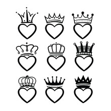 Hand Drawn Crowned Hearts Doodle, King And Queen Crown On Heart, Sketch Love Crowns Free Vector