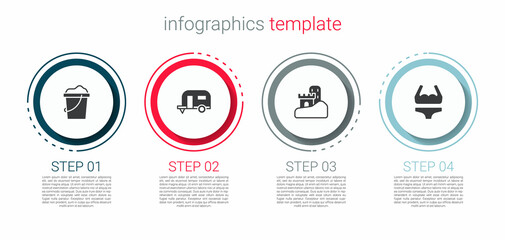 Canvas Print - Set Sand in bucket, Rv Camping trailer, castle and Swimsuit. Business infographic template. Vector