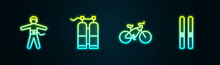 Set Line Bungee Jumping, Aqualung, Bicycle And Ski And Sticks. Glowing Neon Icon. Vector