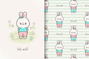 Wall Mural - easter card with bunny and seamless pattern