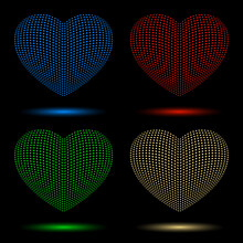 Glowing Hearts On Black Background. Blue, Red, Green And Yellow Hearts. 