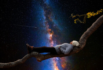 Wall Mural - woman on top of a branch looking at the universe