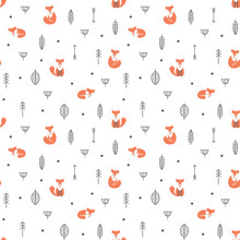 Red Fox Cartoon And Forrest Seamless Pattern. Ethnic Design With Fox, Feather And Leaves, Orange And Black Color.