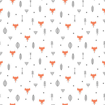 Red fox cartoon and forrest seamless pattern. Ethnic design with fox, feather and leaves, orange and black color.