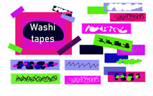 Washi Tape Set With Different Patterns, 80s Design. Scrapbooking Collection, Border Banners Isolated On White