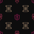 Set line Castle tower, Decree, parchment, scroll and Medieval shield with sword on seamless pattern. Vector