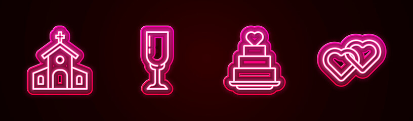 Poster - Set line Church building, Glass of champagne, Wedding cake with heart and Two Linked Hearts. Glowing neon icon. Vector