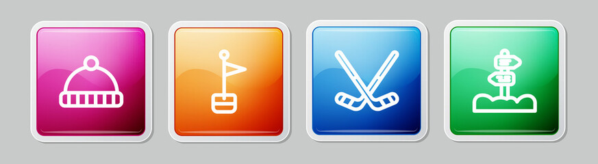 Sticker - Set line Winter hat, Location marker, Ice hockey sticks and Road traffic signpost. Colorful square button. Vector