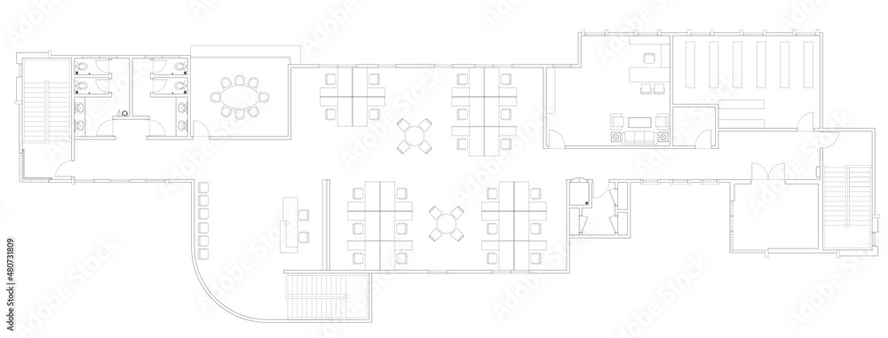 An office layout drawing complete with the office furniture in 2D CAD drawing. Drawing in black in white. The office has large meeting room. 