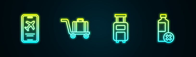 Wall Mural - Set line Mobile with ticket, Trolley baggage, Suitcase and No water bottle. Glowing neon icon. Vector