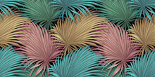 Tropical Background, Colorful Textured Palm Leaves, Golden, Pink, Green. Seamless Pattern. Hand-drawn Premium Vintage 3d Illustration. Luxury Wallpapers, Fabric Printing, Mural, Cloth, Paper, Posters