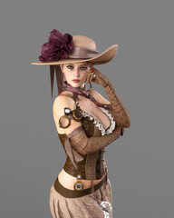 Fantasy fashion portrait of an attractive young woman in Steampunk style costume. 3D rendering isolated on grey background.