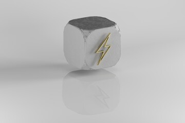 Poster - Lightning Bolt icon.  Yellow Golden Lightning Bolt  symbol on stone cube and white background. 3d rendering illustration. Background pattern for design.