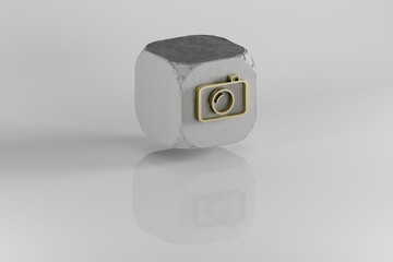 Aufkleber - Photo Camera icon.  Yellow Golden Camera symbol on stone cube and white background. 3d rendering illustration. Background pattern for design.